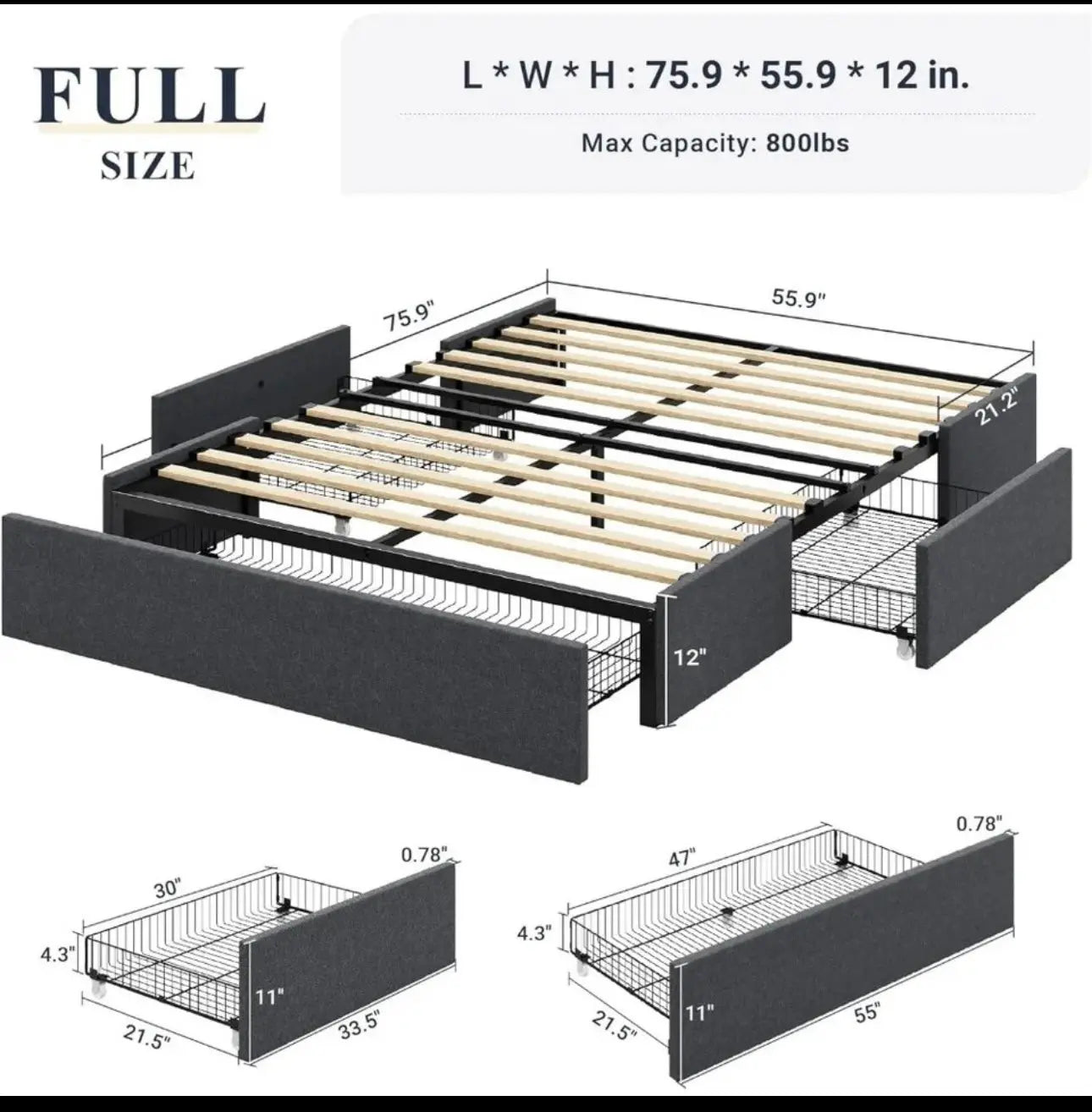 Bed Frame with 3 Storage Drawers 