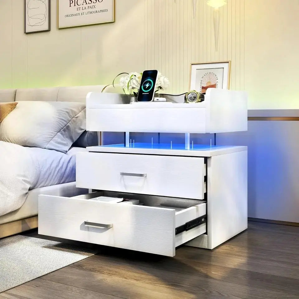 LED Nightstand with 2 Drawers Voice Activated Lights 