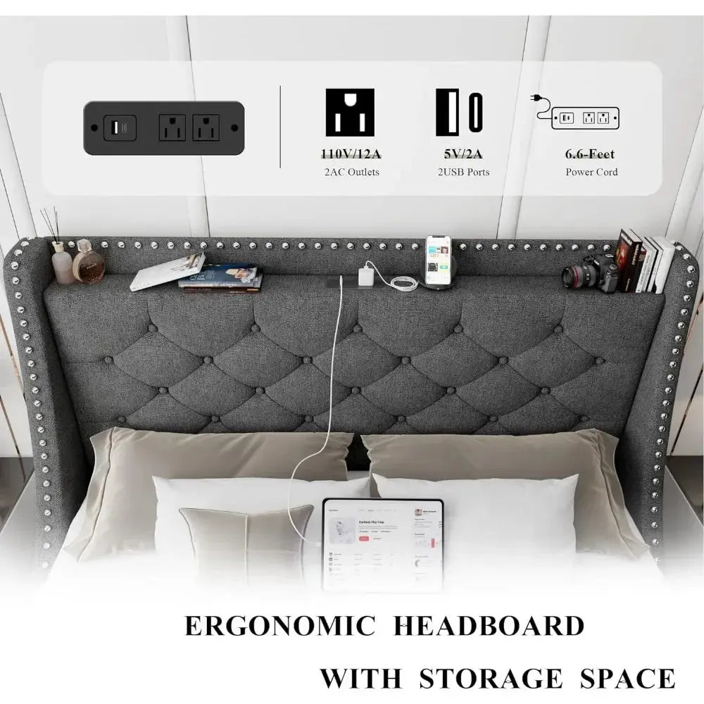 Luxury Wings Backrest Queen Size Bed Frame Storage Headboard 