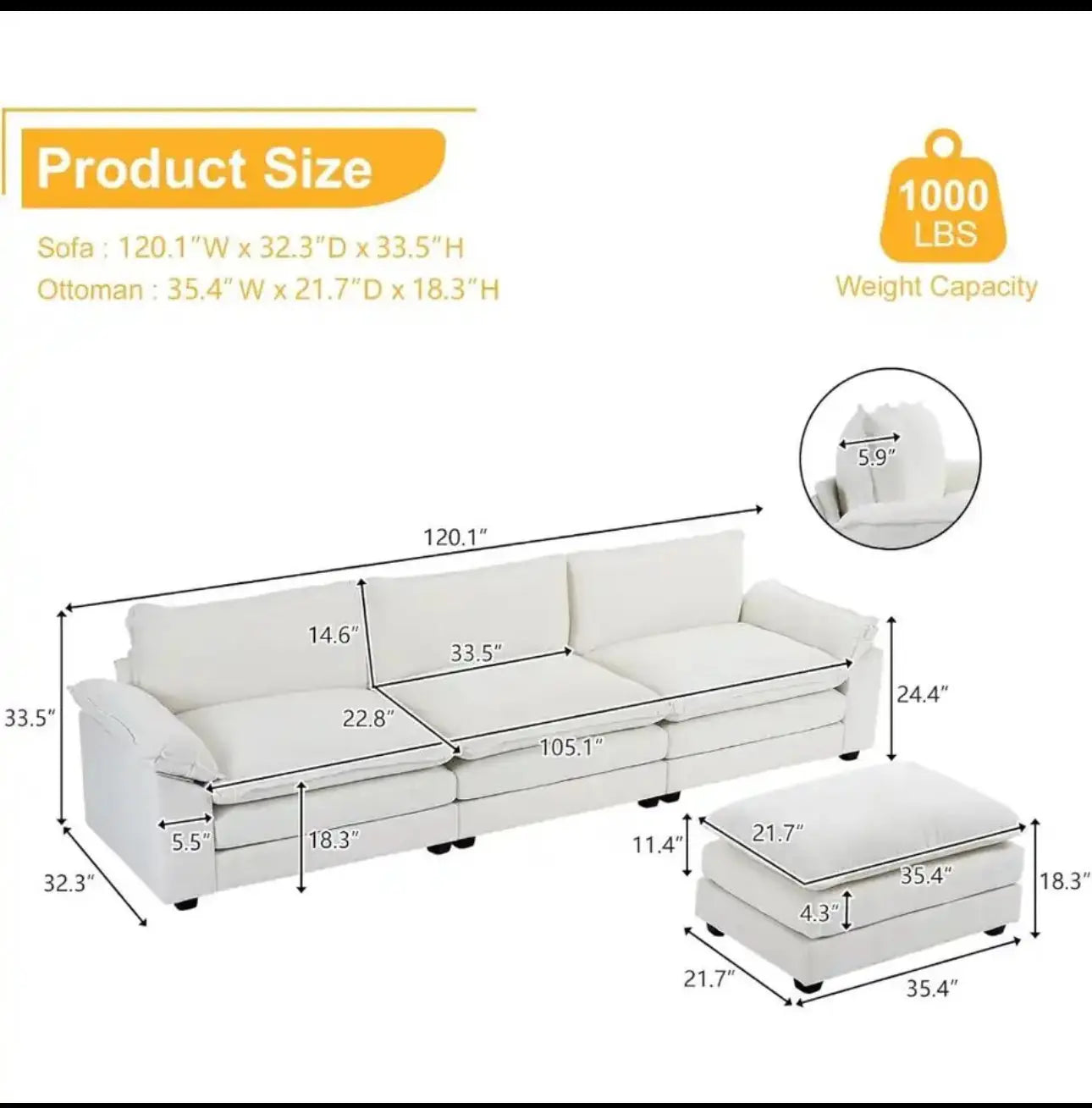 Sofa Sectional 3-Seat Couch with Ottoman 