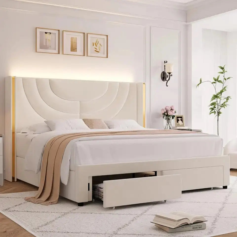 Upholstered Velvet Platform Bed Frame LED Lighting with 2 Storage Drawers - HomeTrendsShop