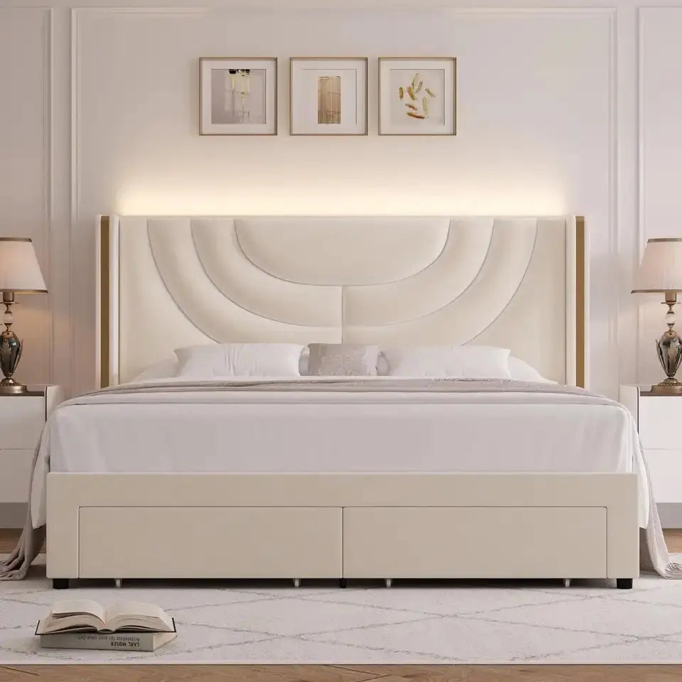 Upholstered Velvet Platform Bed Frame LED Lighting with 2 Storage Drawers - HomeTrendsShop