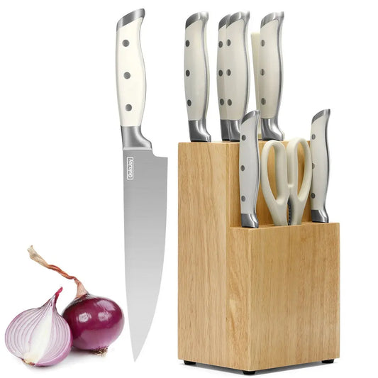 White Knife Set With Block - 9 Piece Razor Sharp Forged High Carbon Stainless Steel Kitchen Knives 
